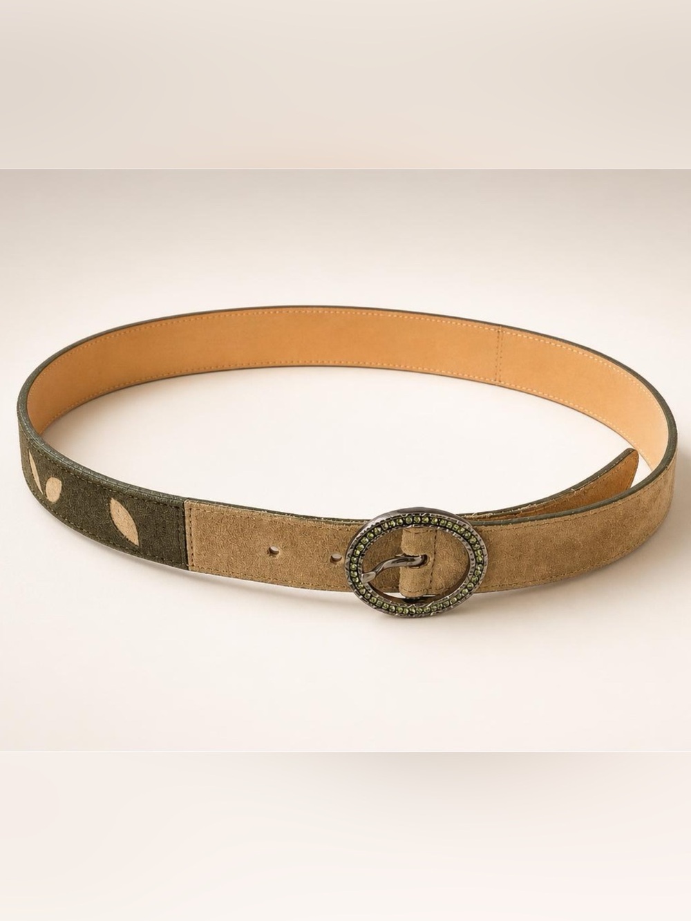 Streets Ahead Suede Belt, Crystal Buckle, Tan/Olive, leaf cutouts, L, EUC